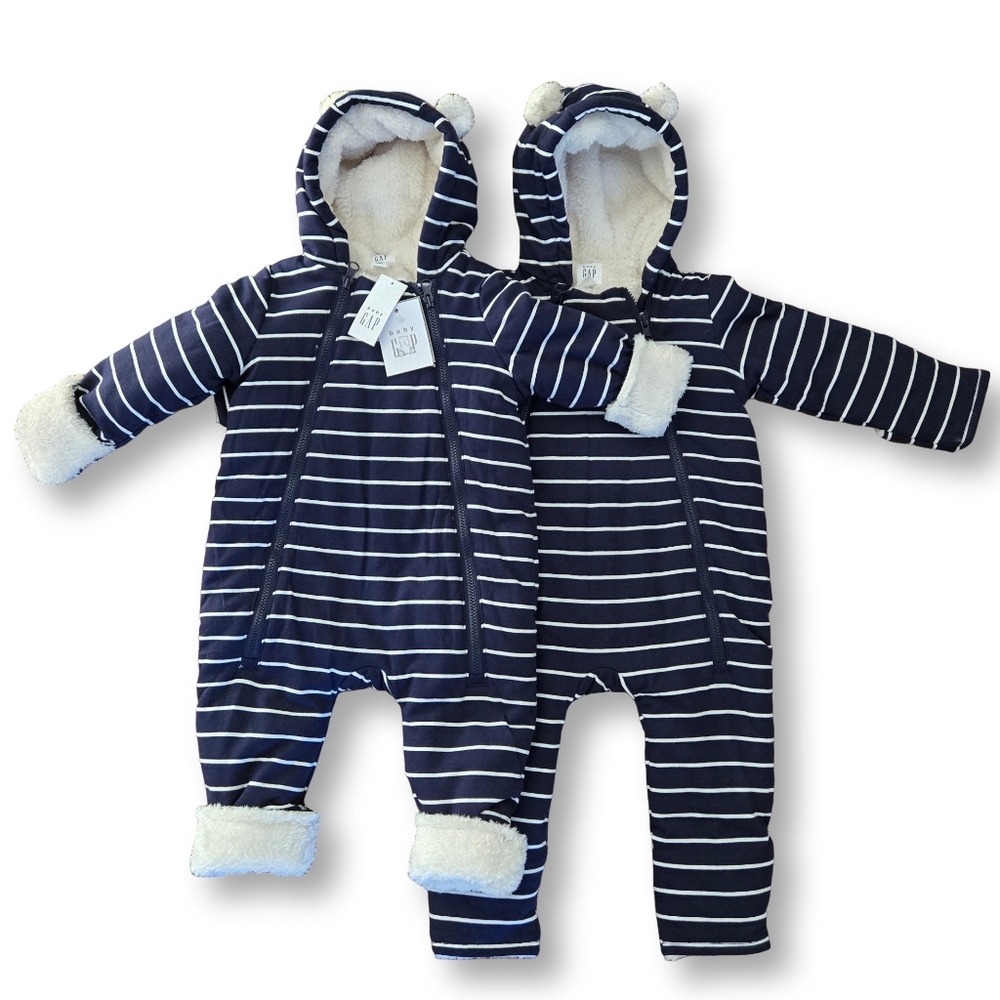 NWT GAP Two Matching *TWINS* Baby Sherpa Hoodie One-Piece Snowsuit Navy Blue 6M